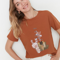 Trendyol Brown Printed Semiftted Knitted T-Shirt Brown XL